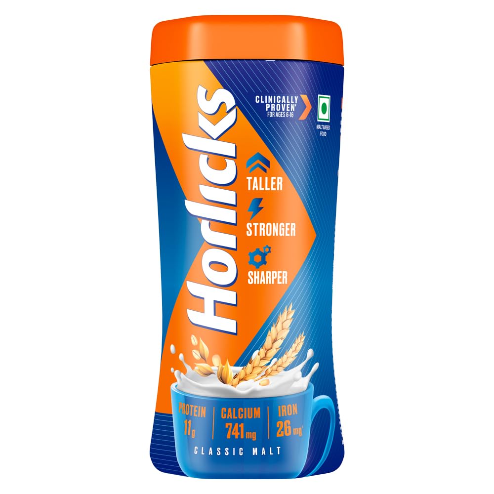 Front pack of Horlicks Classic Malt 1 kg nutrition drink jar