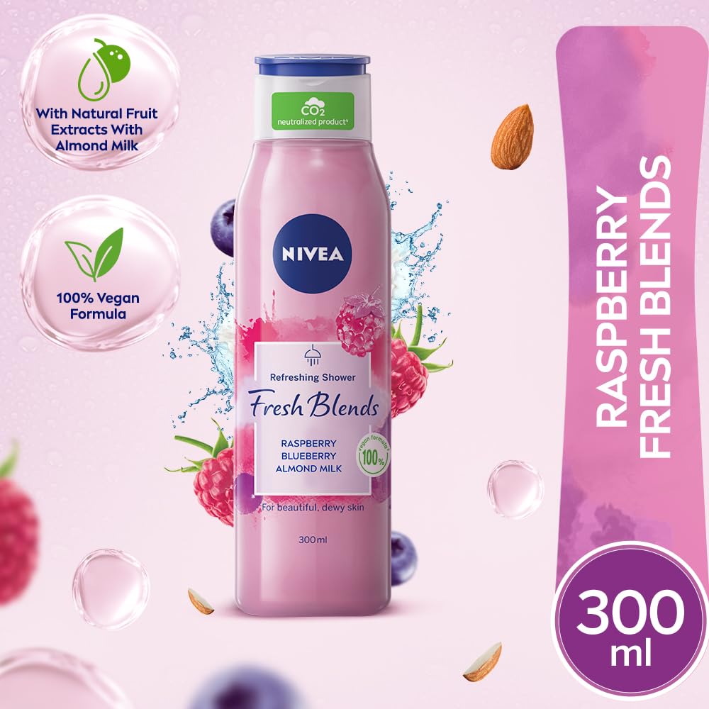 Nivea Fresh Blends Raspberry with Natural Fruit Extracts, Vegan Body wash, Fruity Shower Gel for Women with Blueberry and Almond Milk, 300ml – view 2