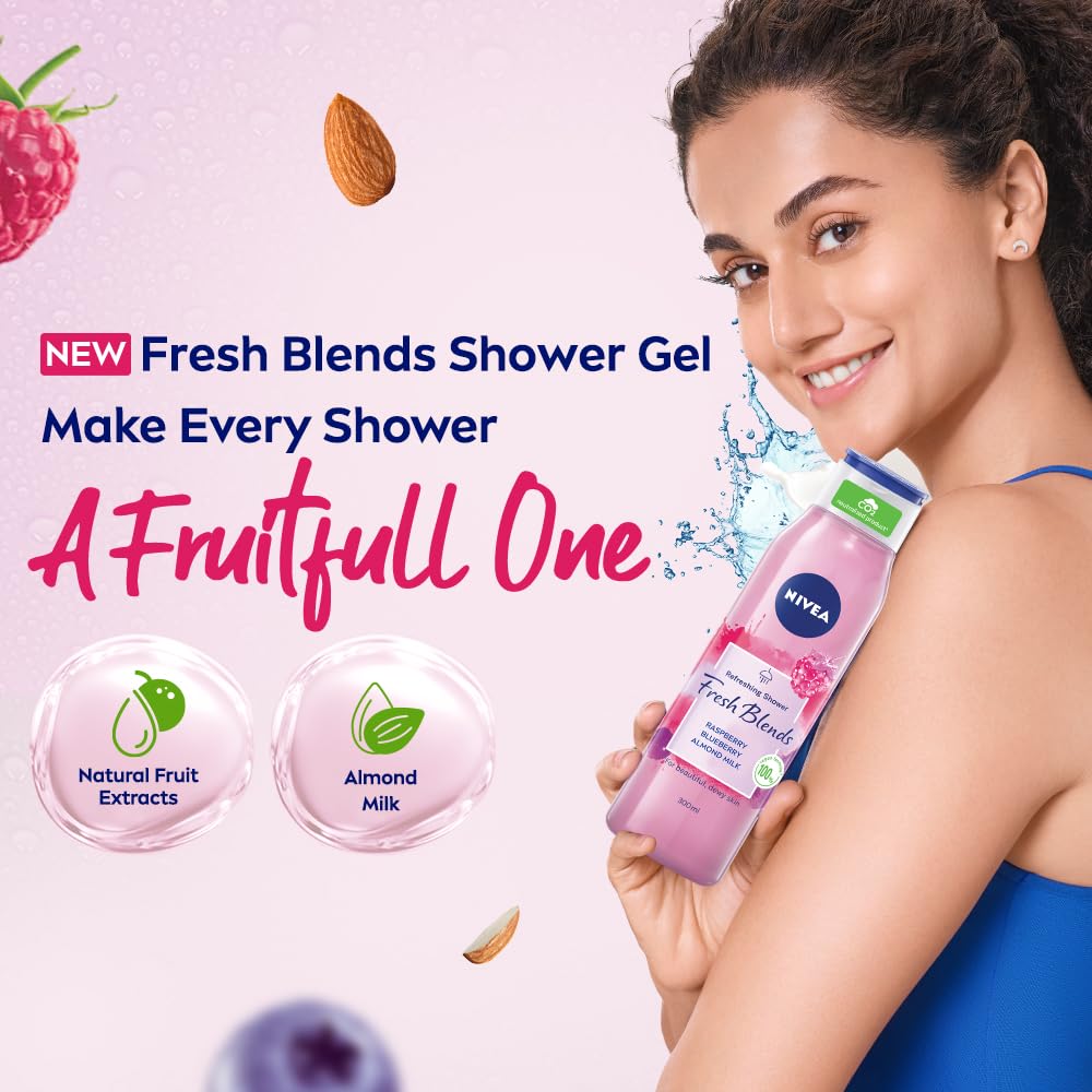 Nivea Fresh Blends Raspberry with Natural Fruit Extracts, Vegan Body wash, Fruity Shower Gel for Women with Blueberry and Almond Milk, 300ml – view 3