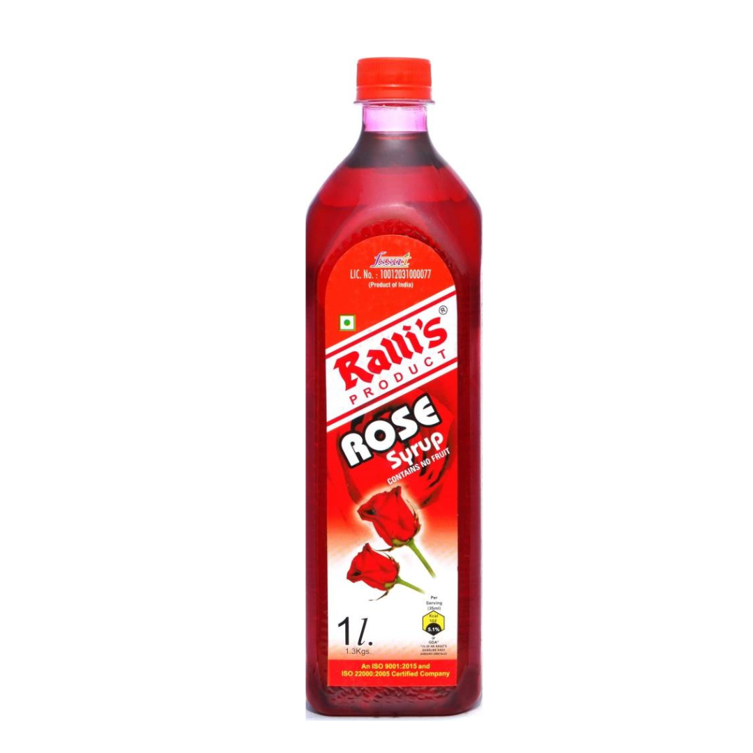 Bottle of Rallis rose sharbat syrup for drinks and desserts