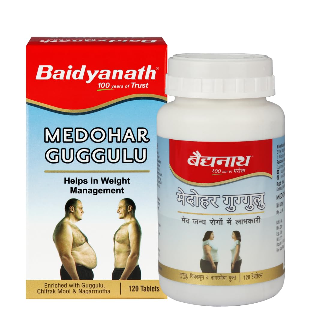 Bottle of Baidyanath Medohar Guggulu Ayurvedic tablets for adults