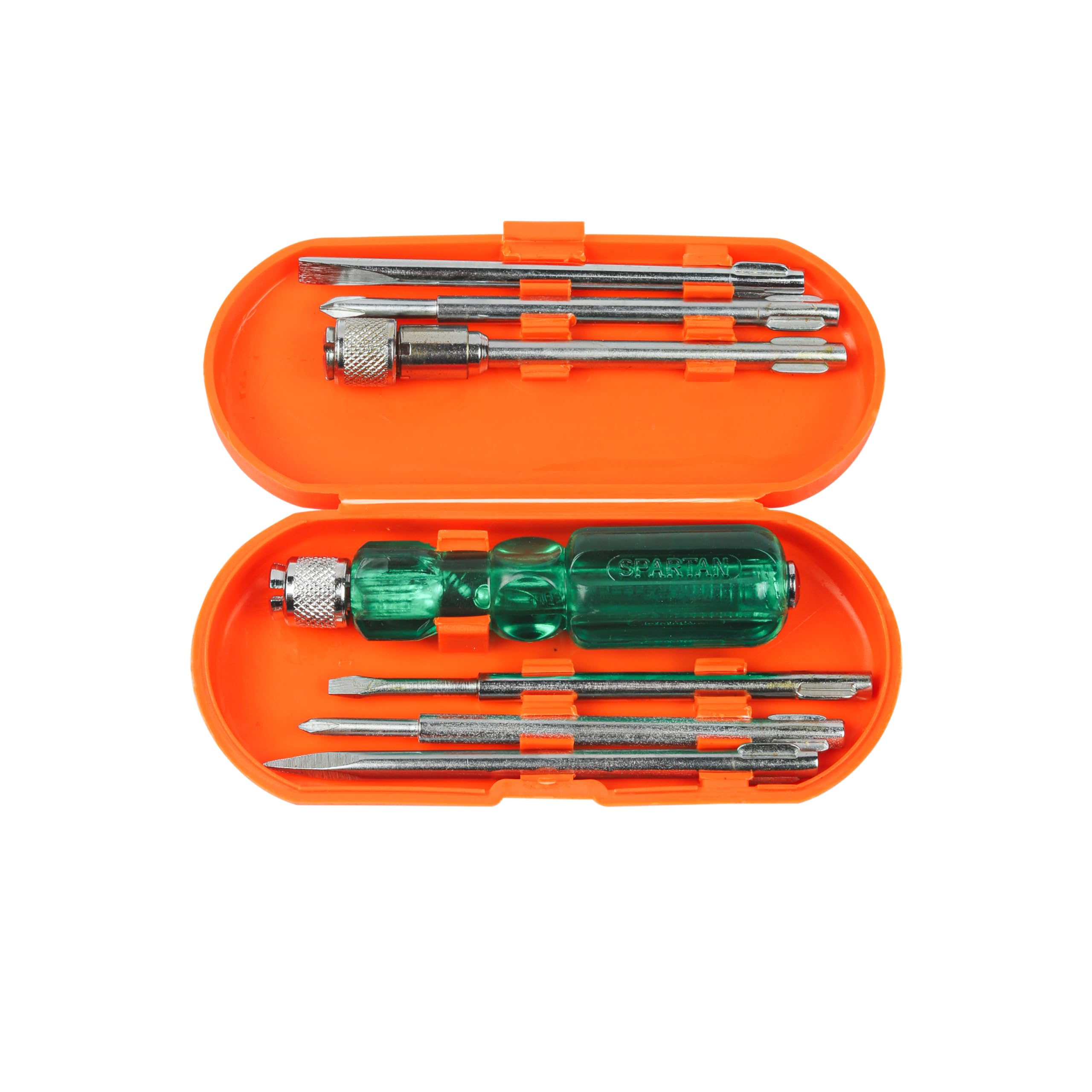Compact SPARTAN screwdriver set with interchangeable heads and extension rod