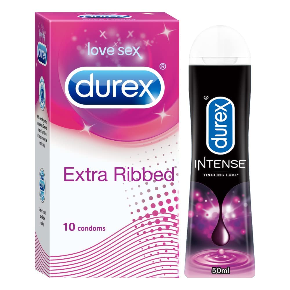 Durex combo pack showing 50ml tingling lube and ribbed condoms
