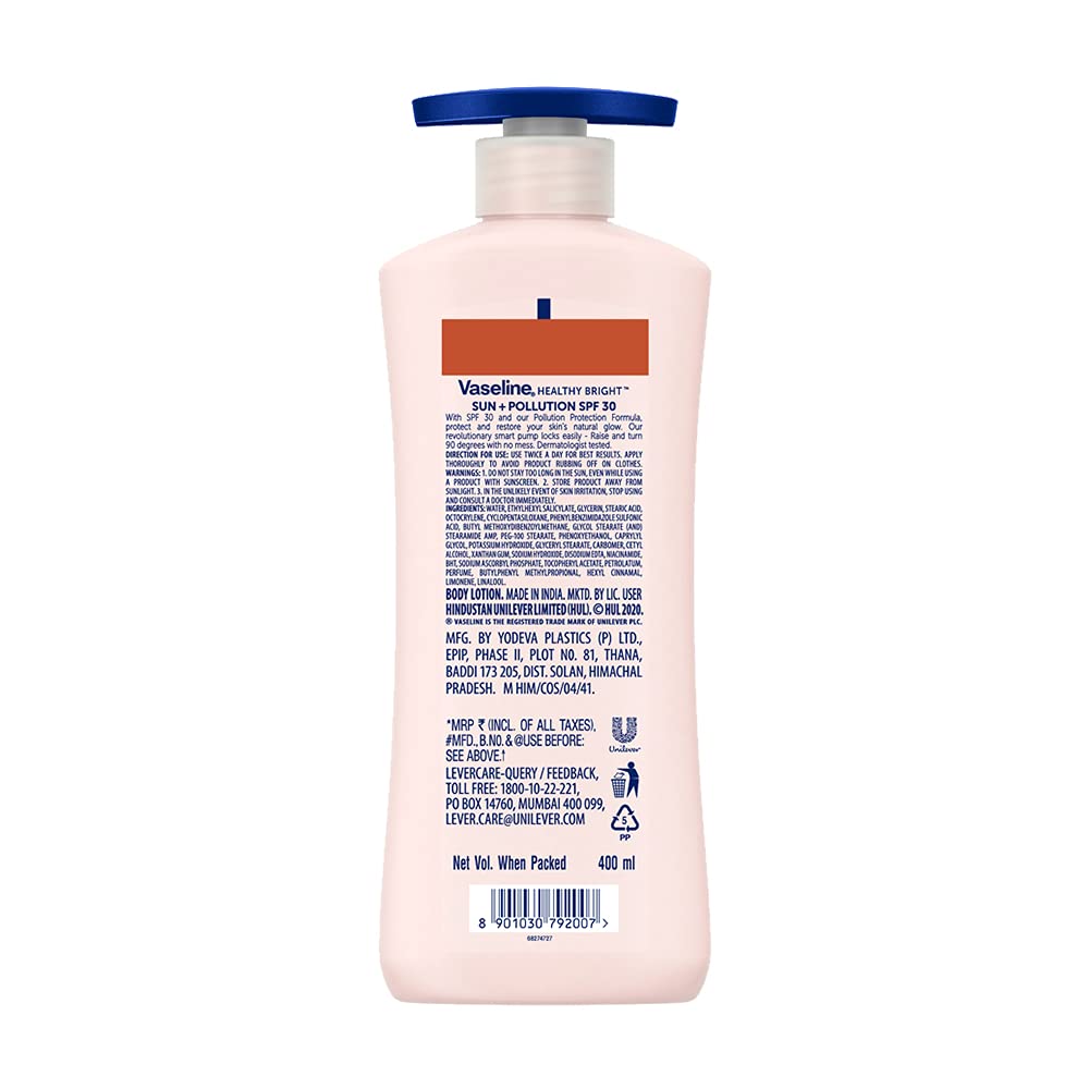 Vaseline Healthy Bright, Sun + Pollution Protection Daily Moisturizer, 400ml, for Glowing Skin, 2-in-1 Body Lotion with SPF 30, Fast Absorbing and Non-sticky, for Dry Skin, for Men & Women – view 2