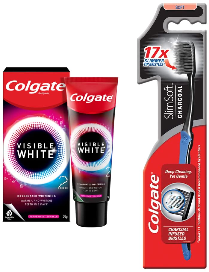 Colgate Visible White O2 toothpaste and soft charcoal toothbrush set