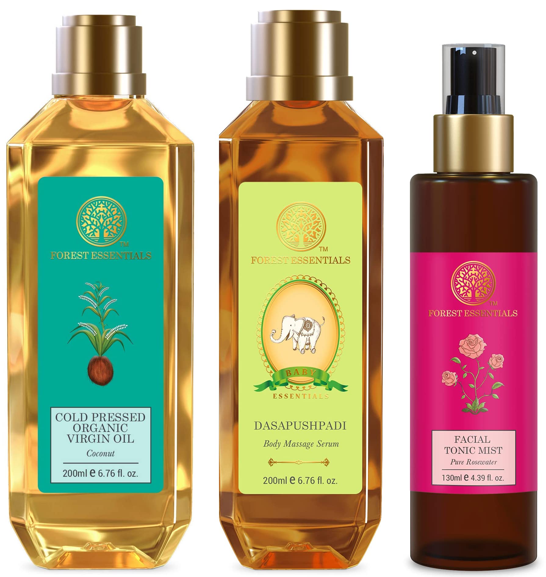 Forest Essentials bottles of baby serum, coconut oil and rosewater