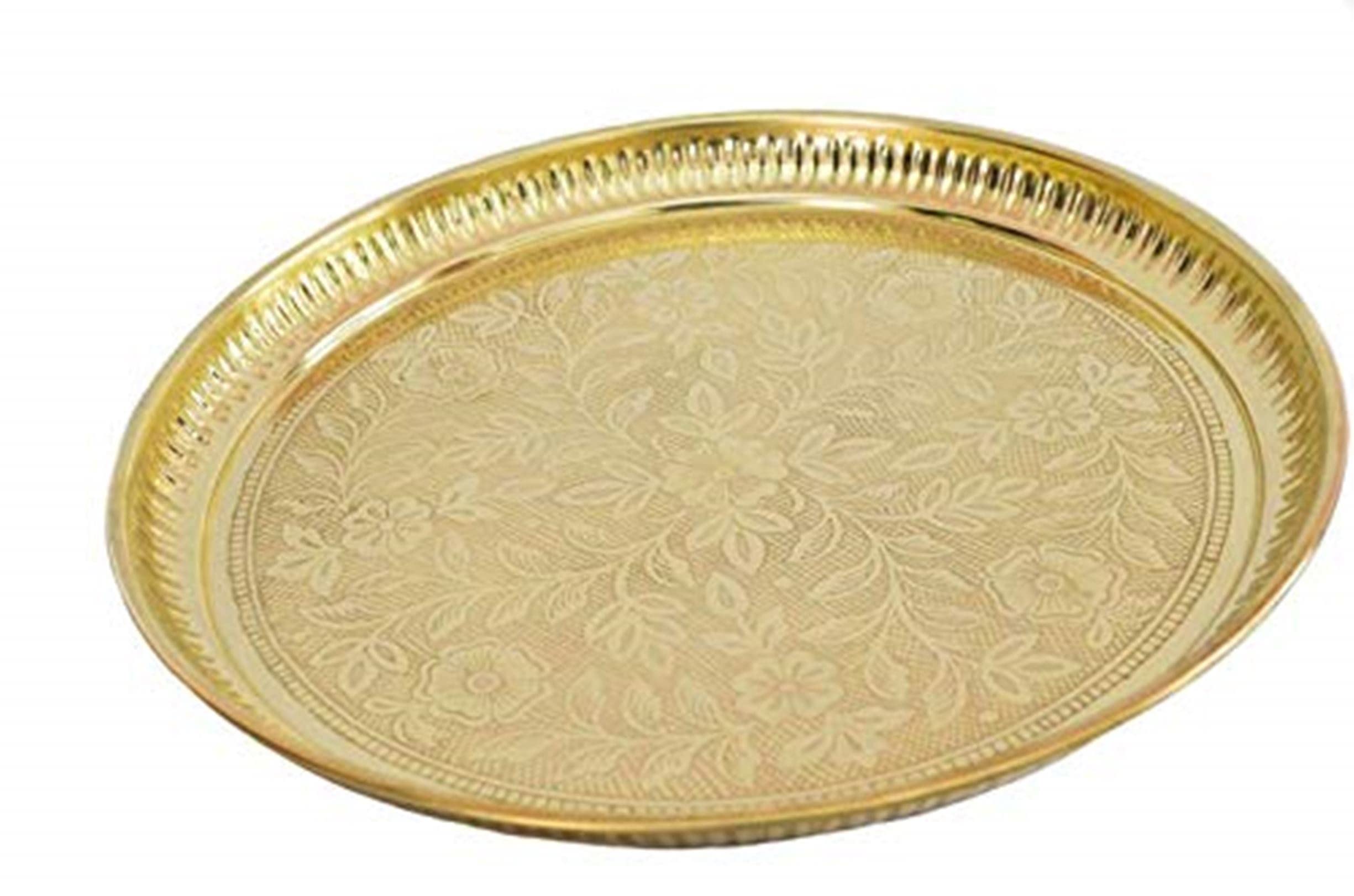 Skywalk Handmade Brass Puja Thali with Flower Embossed Design (Gold, 8 Inch)