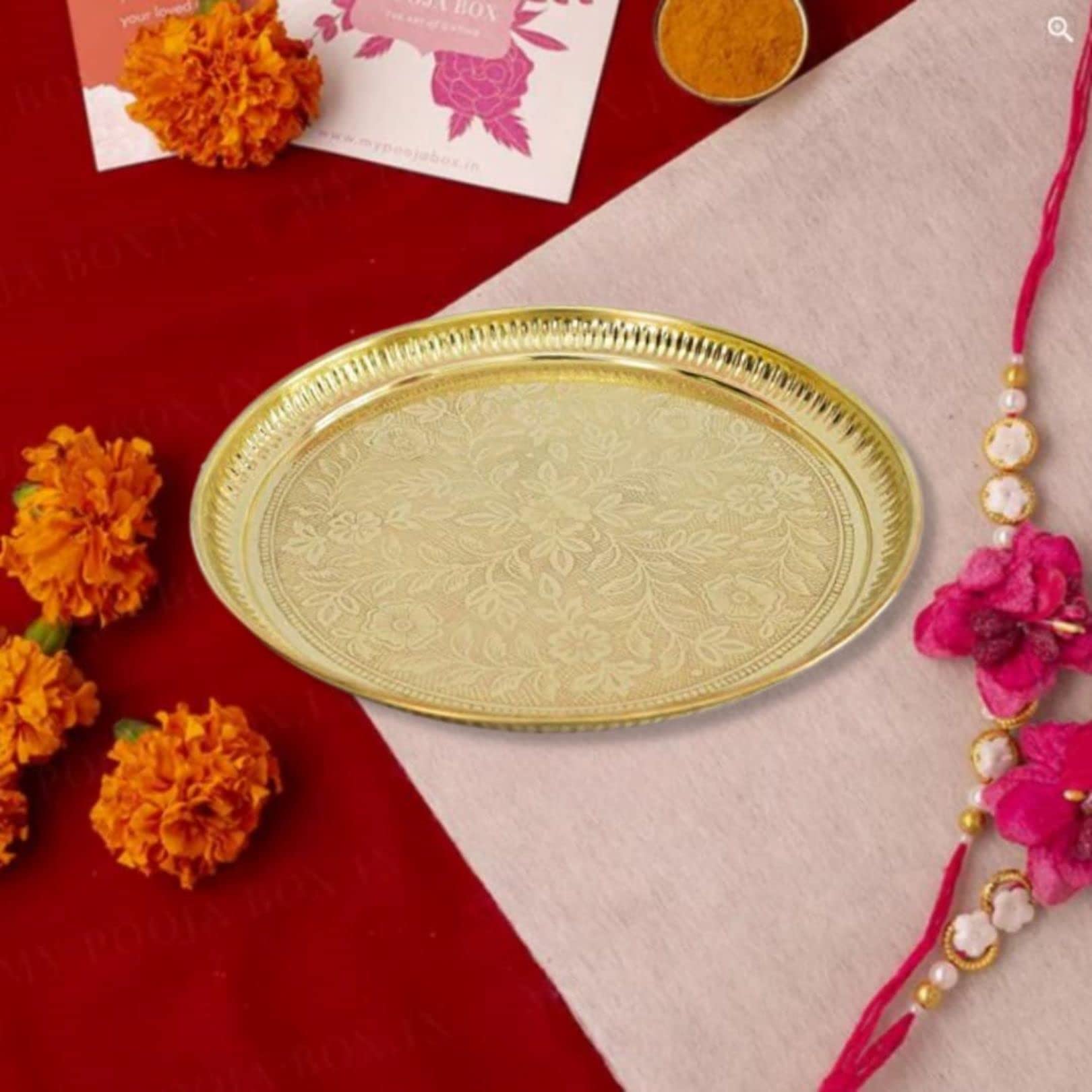 Skywalk Handmade Brass Puja Thali with Flower Embossed Design (Gold, 8 Inch) – view 3