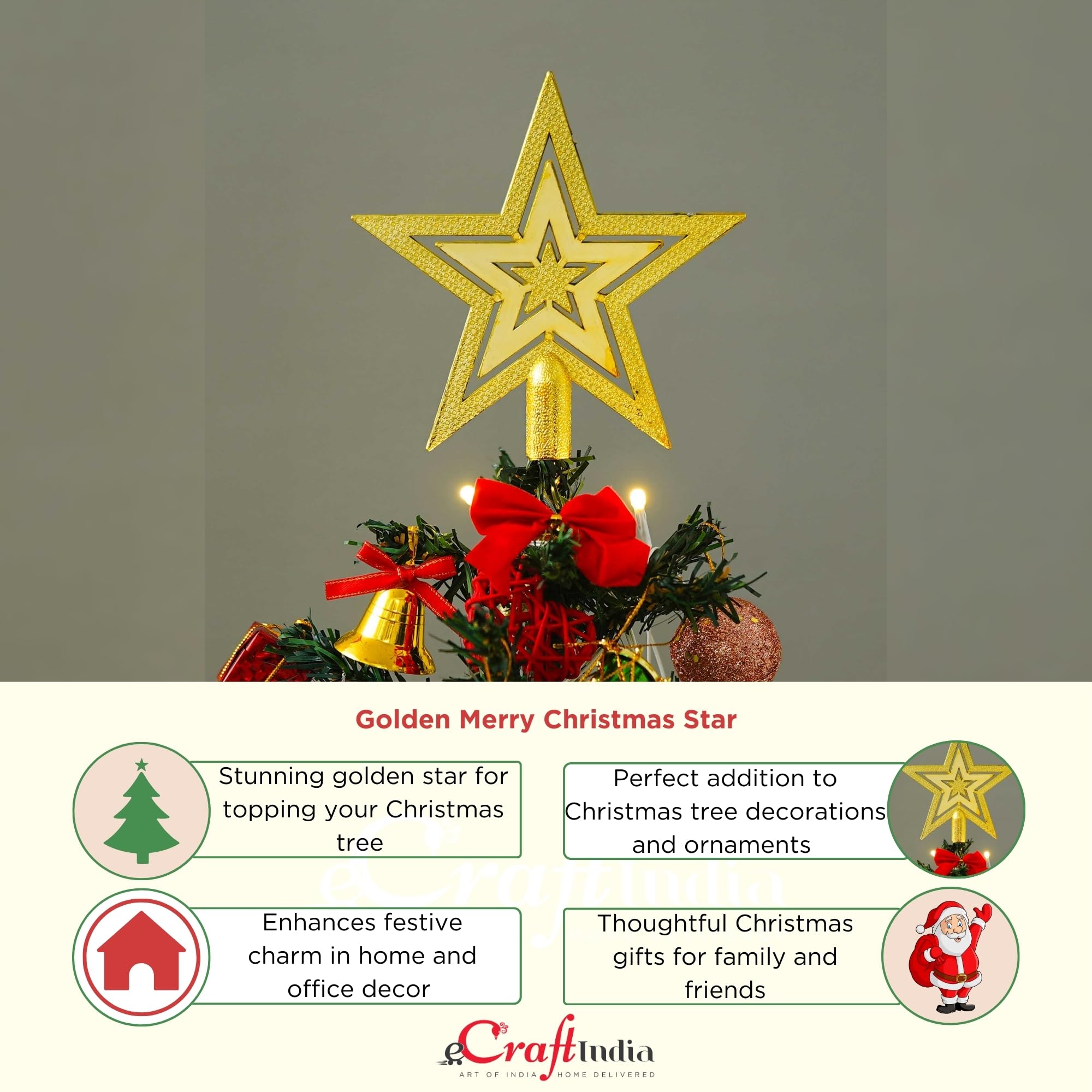 eCraftIndia Golden Merry Christmas Star for Xmas Tree Star Topper Christmas Tree Decoration Items Ornaments Props Gifts for Women Men Kids Girls – view 5