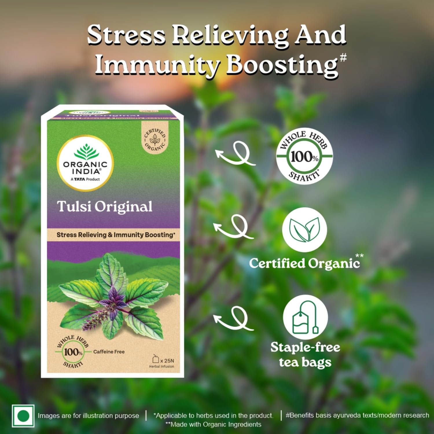 A TATA Product - Organic India Tulsi Original - 25 Tea Bags, Caffeine-Free Herbal Tea with Tulsi, Natural Detoxifier, Rich in Antioxidants, Convenient Staple-Free Bag – view 3