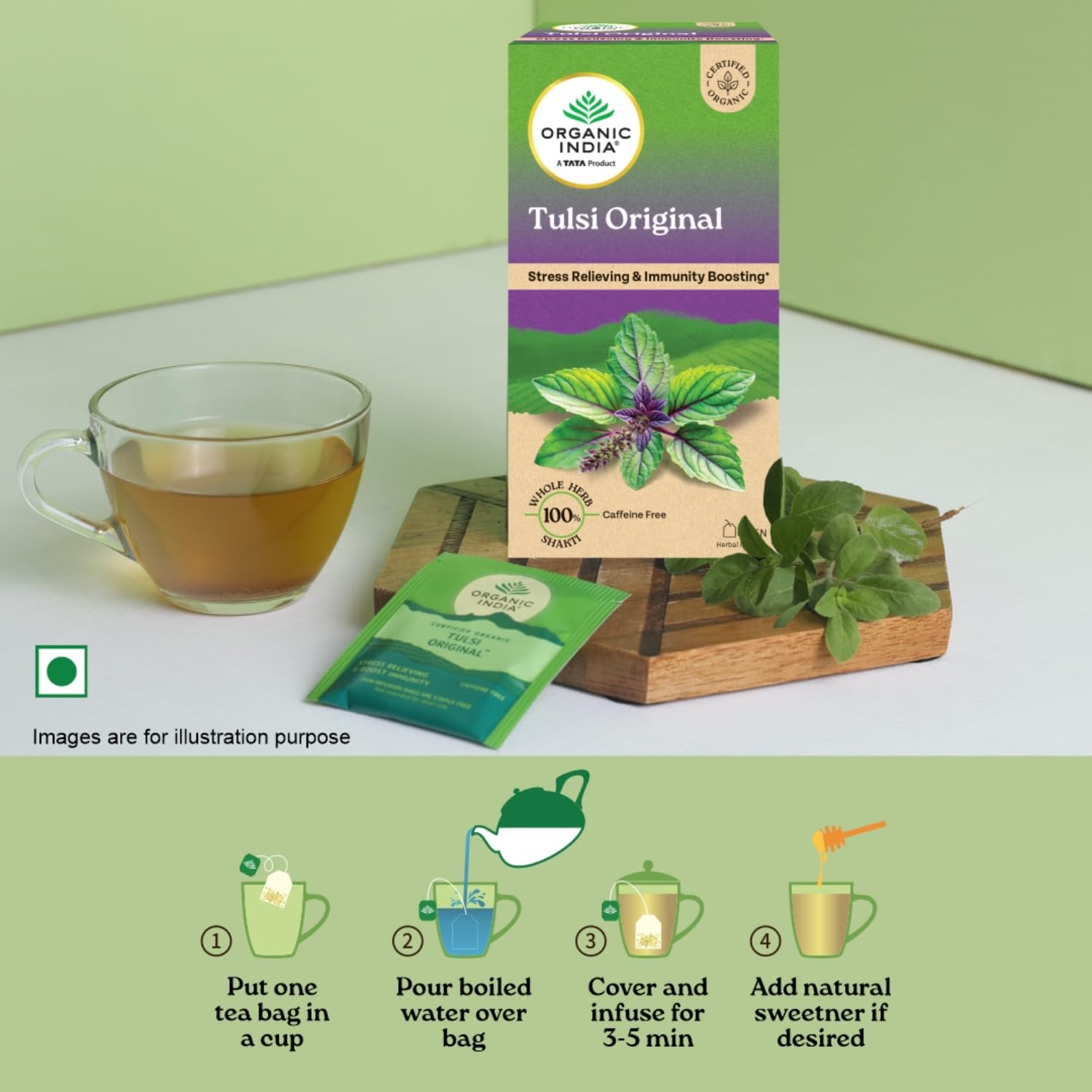 A TATA Product - Organic India Tulsi Original - 25 Tea Bags, Caffeine-Free Herbal Tea with Tulsi, Natural Detoxifier, Rich in Antioxidants, Convenient Staple-Free Bag – view 6
