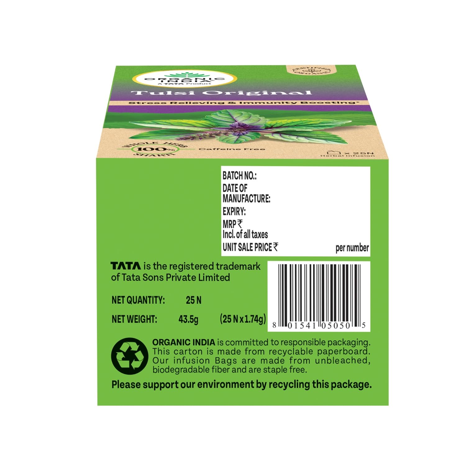 A TATA Product - Organic India Tulsi Original - 25 Tea Bags, Caffeine-Free Herbal Tea with Tulsi, Natural Detoxifier, Rich in Antioxidants, Convenient Staple-Free Bag – view 7