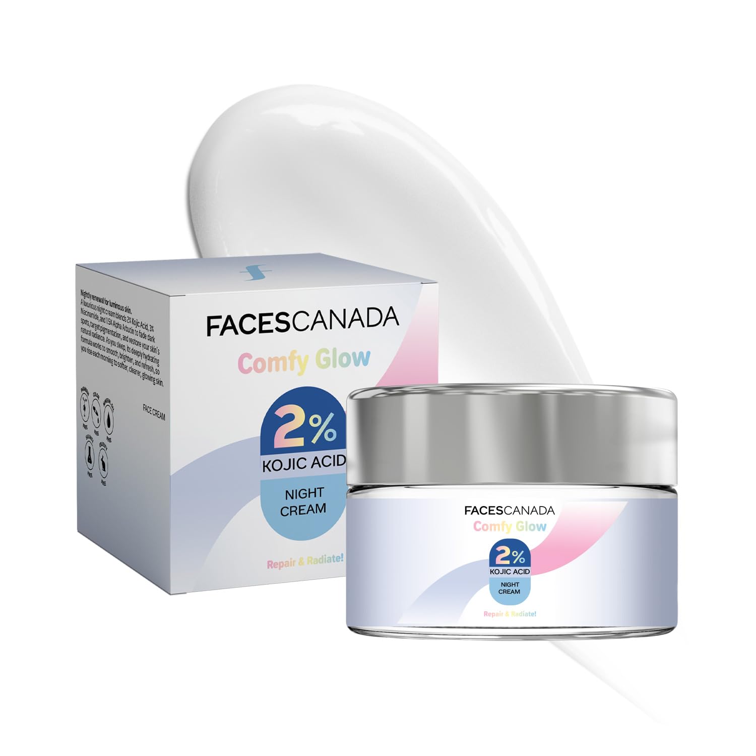 FACESCANADA Comfy Glow night cream jar with kojic acid formula