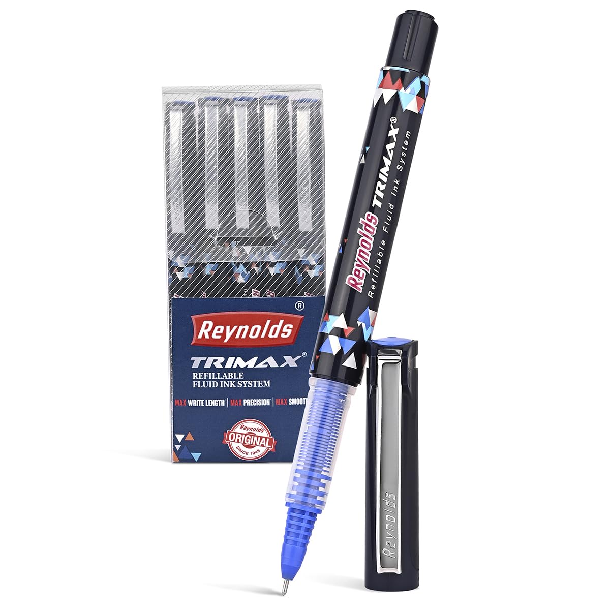 Five Reynolds Trimax blue pens with fine 0.5 mm tip