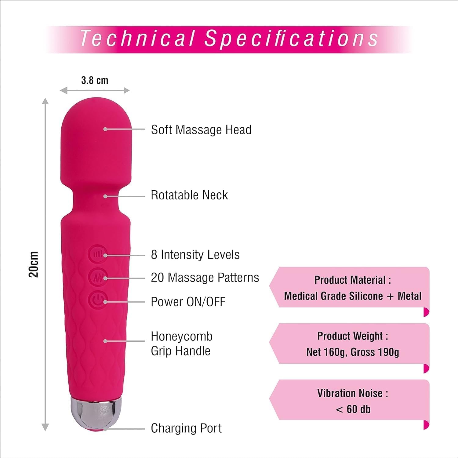 RONXS Full Body Massager for Women & Men, Rechargeable Wireless Machine for Pain Relief, Handheld Personal Massager Vibrator with Medical Grade Silicone, 8 Speeds, 20 Modes (Perosnal Massager) – view 8