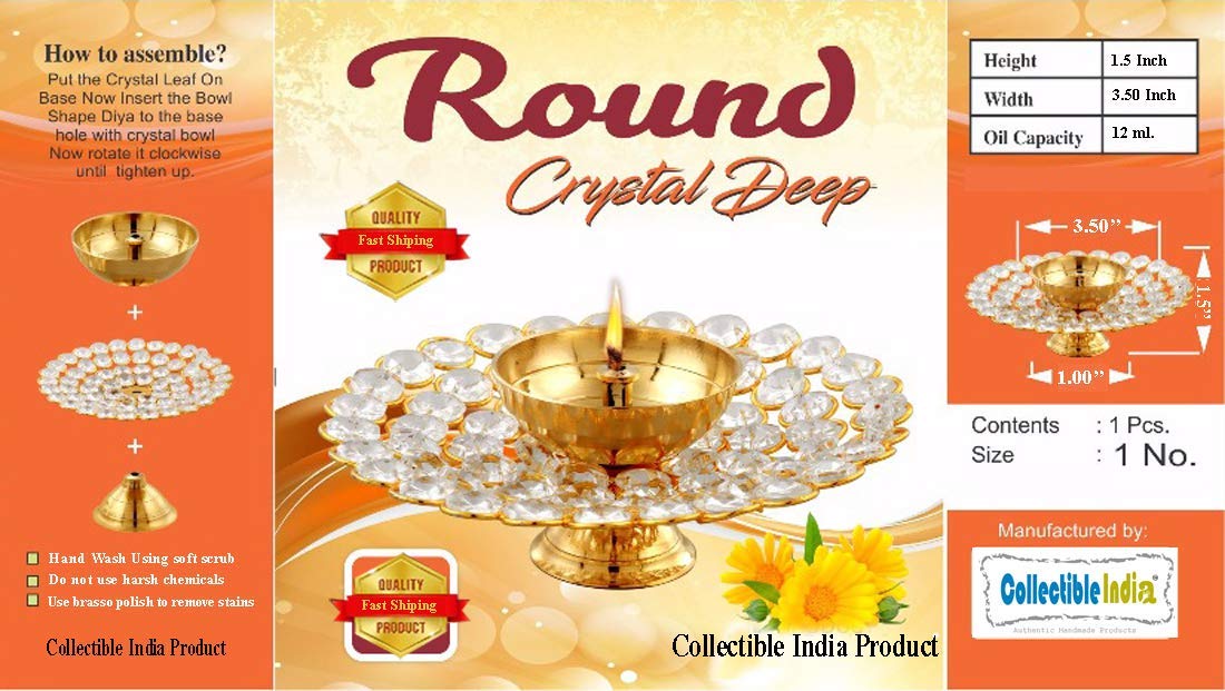 Collectible India Small Crystal Akhand Diya Brass Oil Puja Lamp for Home Office Gifts Pooja Articles Decor (Golden, 3.5 X 1.5 Inch) (DFBS144-Small) – view 2