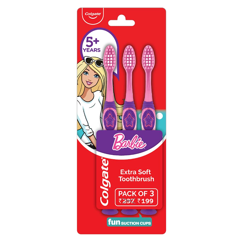Three Colgate Kids Barbie extra soft toothbrushes in multicolour pack