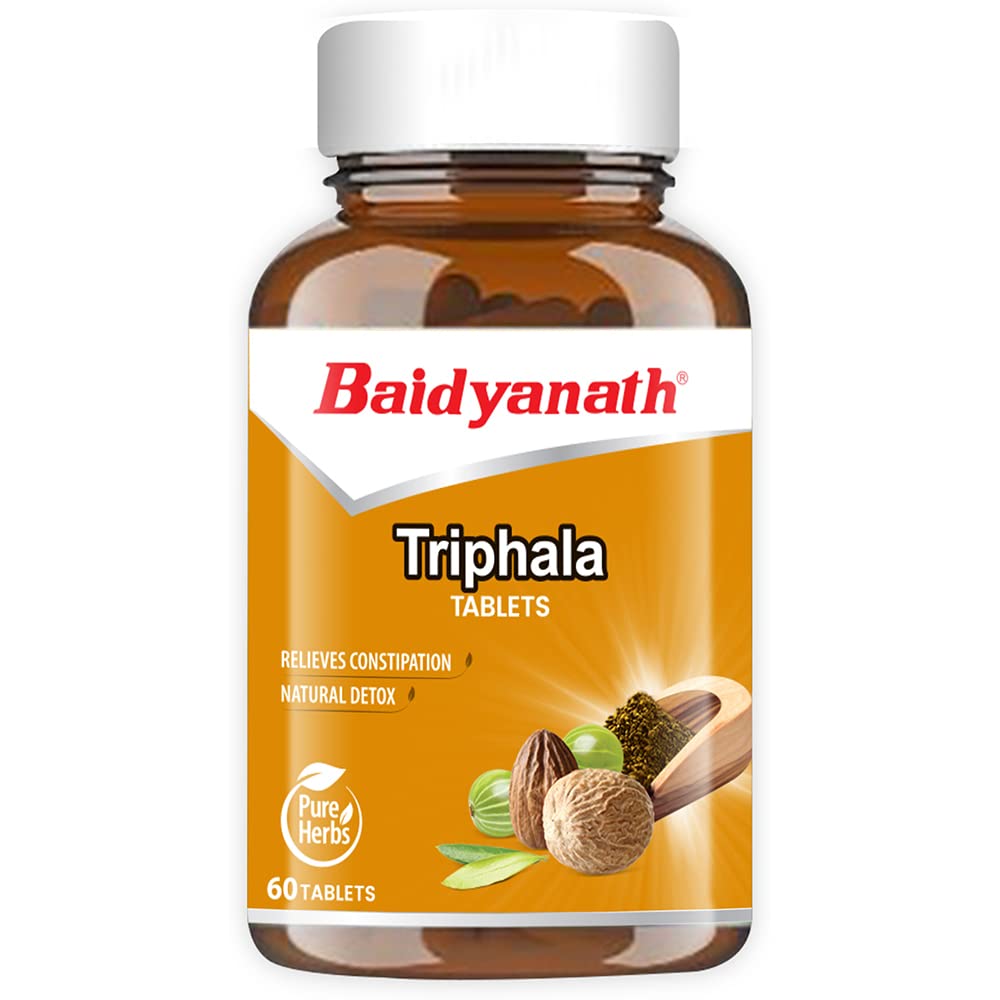 Bottle of Baidyanath Triphala tablets for digestive wellness