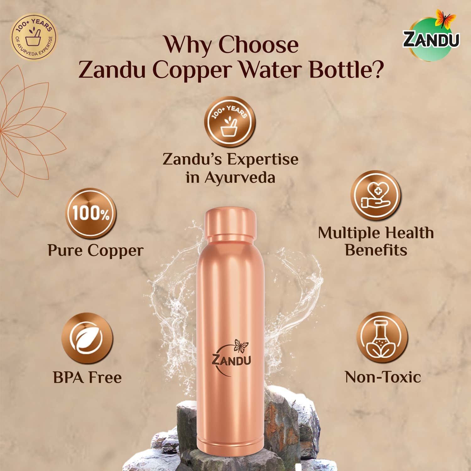 Zandu Copper Bottle (950ml): 100% Pure Copper – view 4