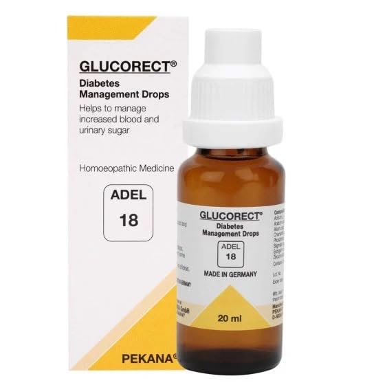Clear bottle of ADEL 18 Glucorect liquid drops
