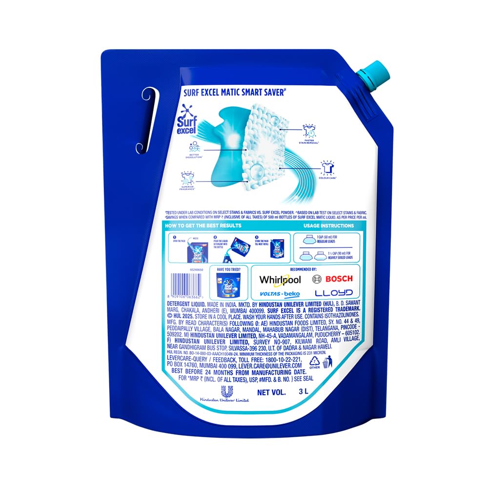 Surf Excel Matic Top Load Liquid Detergent 3 L Refill Pouch, Specially designed to remove Tough Dried Stains, 1st time in Washing Machine – view 2