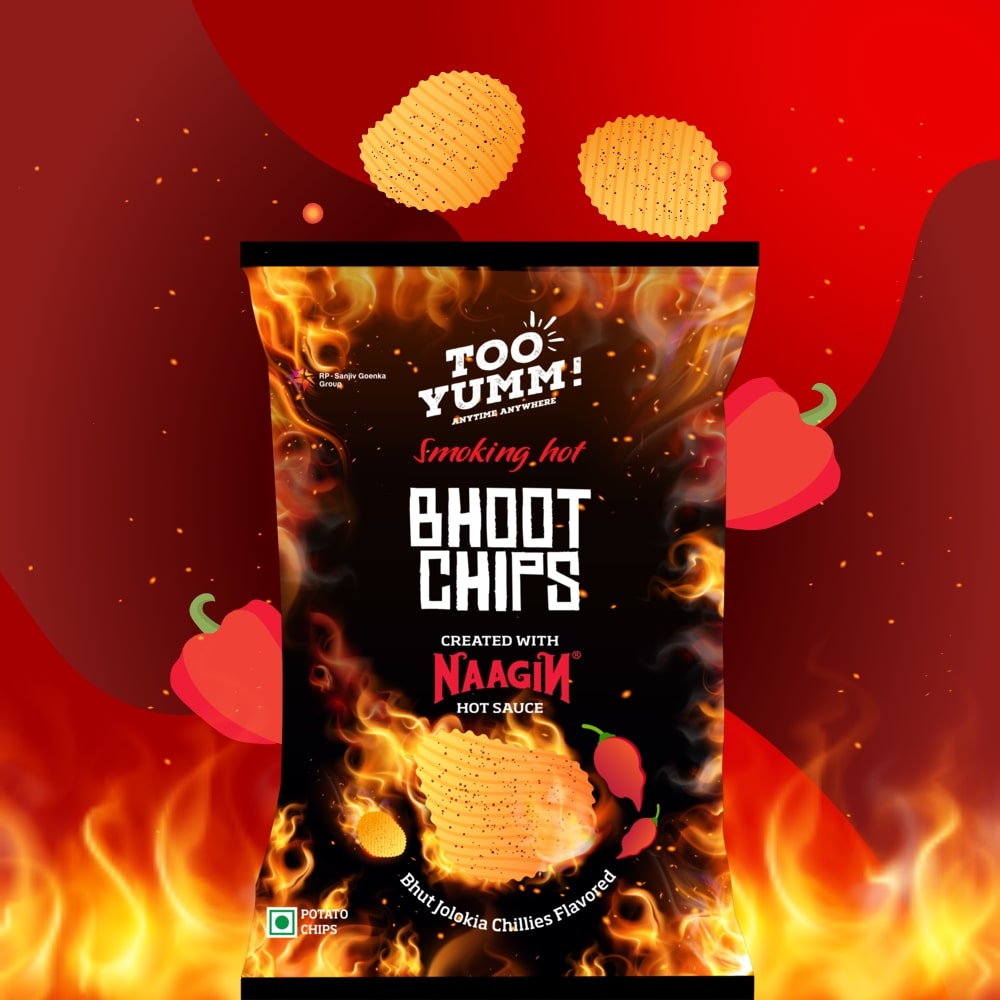 Too Yumm spicy potato chips pouch with Bhoot Jolokia flavor