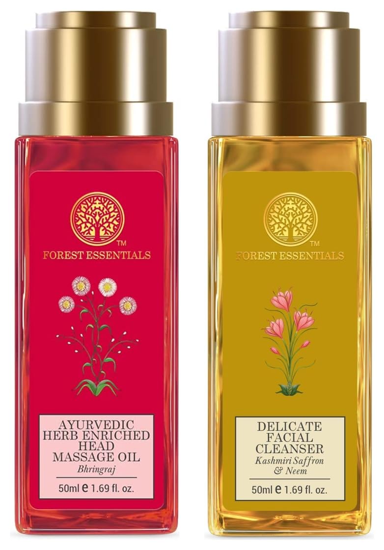 Forest Essentials Travel Size Ayurvedic Herb Enriched Head Massage Oil Bhringraj| 50 ml & Travel Size Delicate Facial Cleanser Kashmiri Saffron & Neem| 50 ml Combo