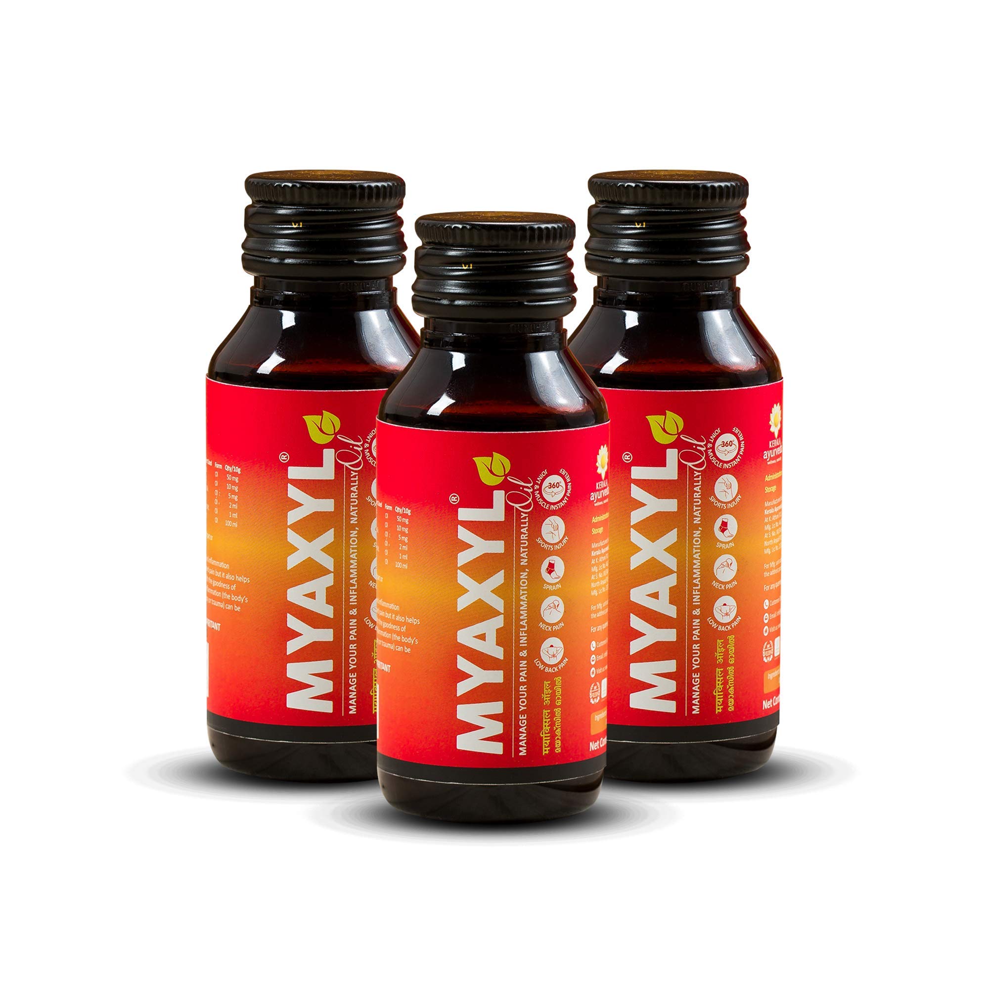 Three Kerala Ayurveda Myaxyl herbal pain relief oil bottles