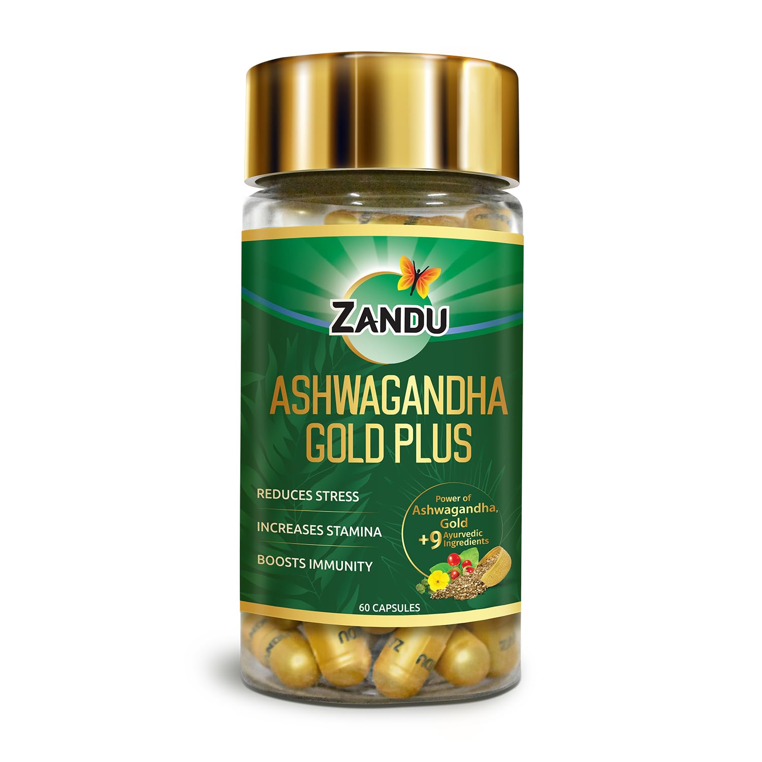 Front pack of Zandu Ashwagandha Gold Plus 60 capsules