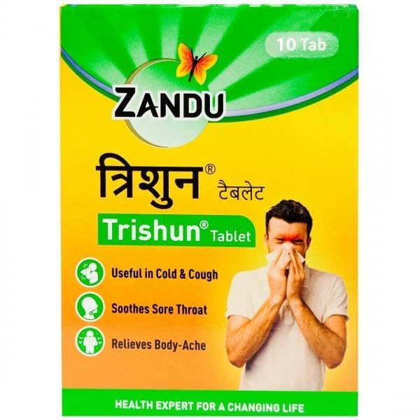 Boxed Zandu Trishun Ayurvedic tablets for cold and cough