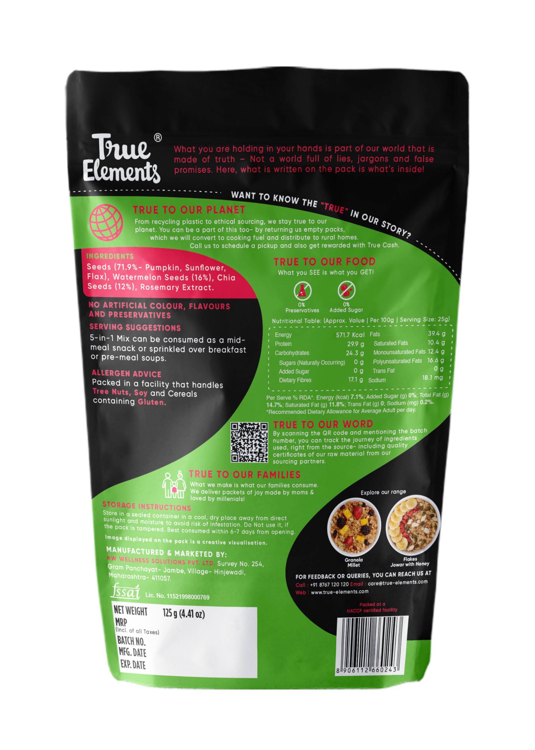 True Elements 5 in 1 Super Seeds Mix 125g - Roasted Sunflower, Pumpkin, Flax, Watermelon & Chia Seeds, Healthy Snacks for Weight Loss – view 2
