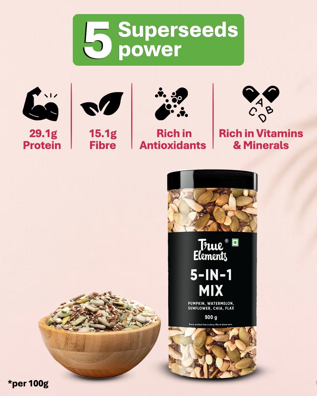 True Elements 5 in 1 Super Seeds Mix 125g - Roasted Sunflower, Pumpkin, Flax, Watermelon & Chia Seeds, Healthy Snacks for Weight Loss – view 4