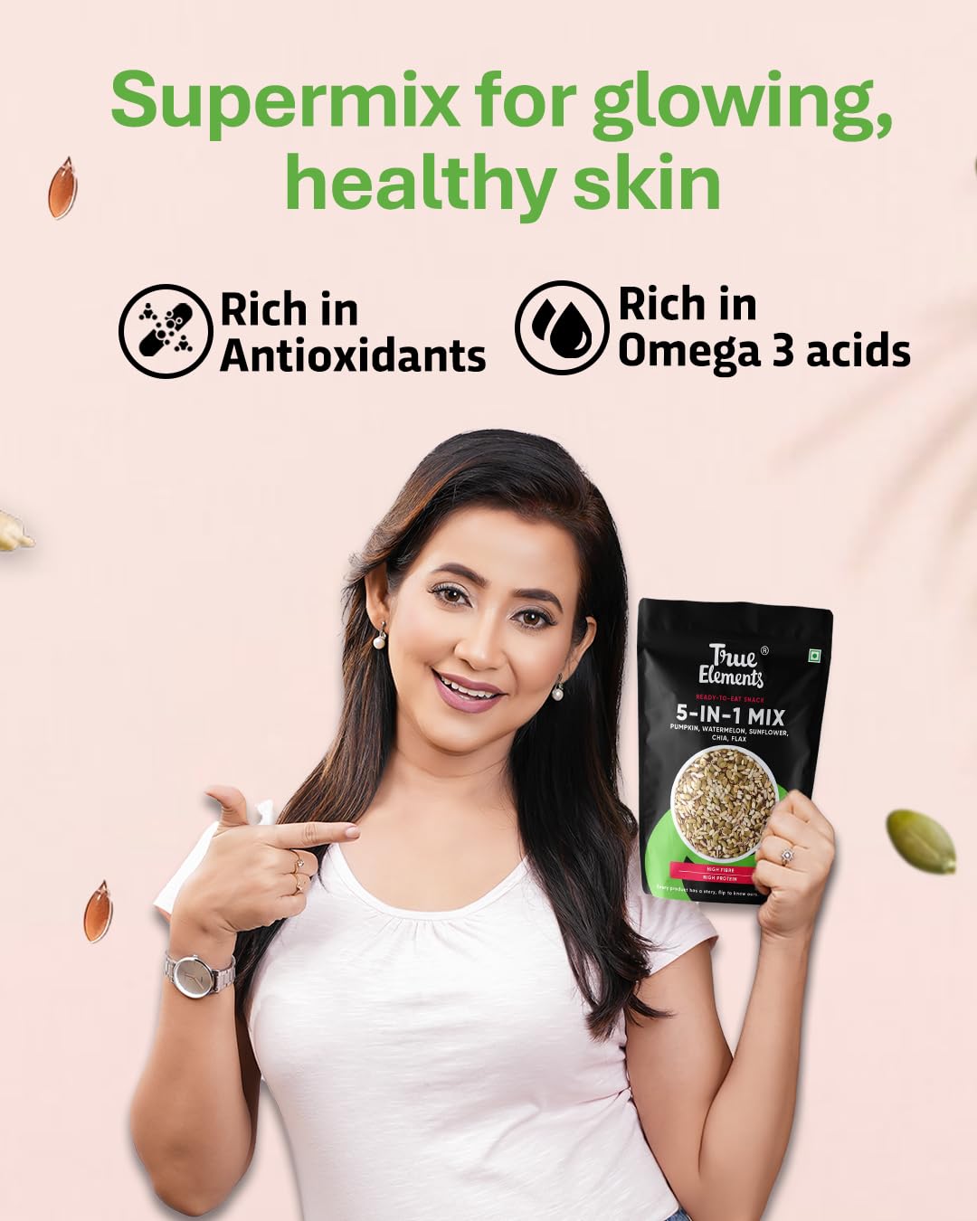 True Elements 5 in 1 Super Seeds Mix 125g - Roasted Sunflower, Pumpkin, Flax, Watermelon & Chia Seeds, Healthy Snacks for Weight Loss – view 5