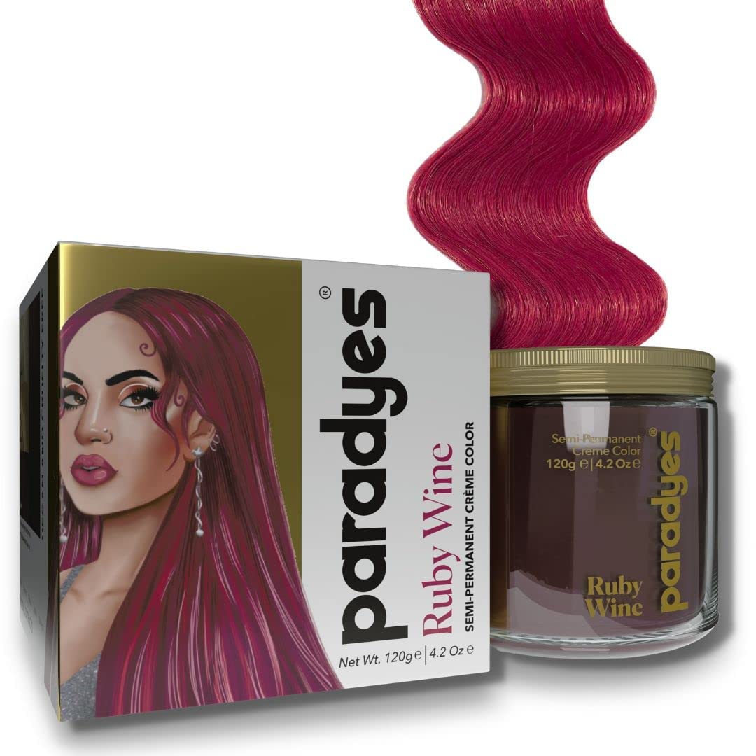 Paradyes conditioner-based Ruby Wine hair colour packaging and cream pot