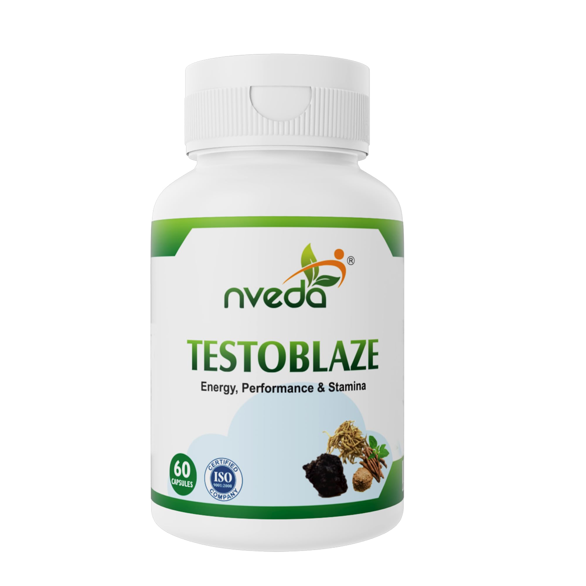 Nveda Testoblaze herbal men’s vitality supplement bottle and capsules