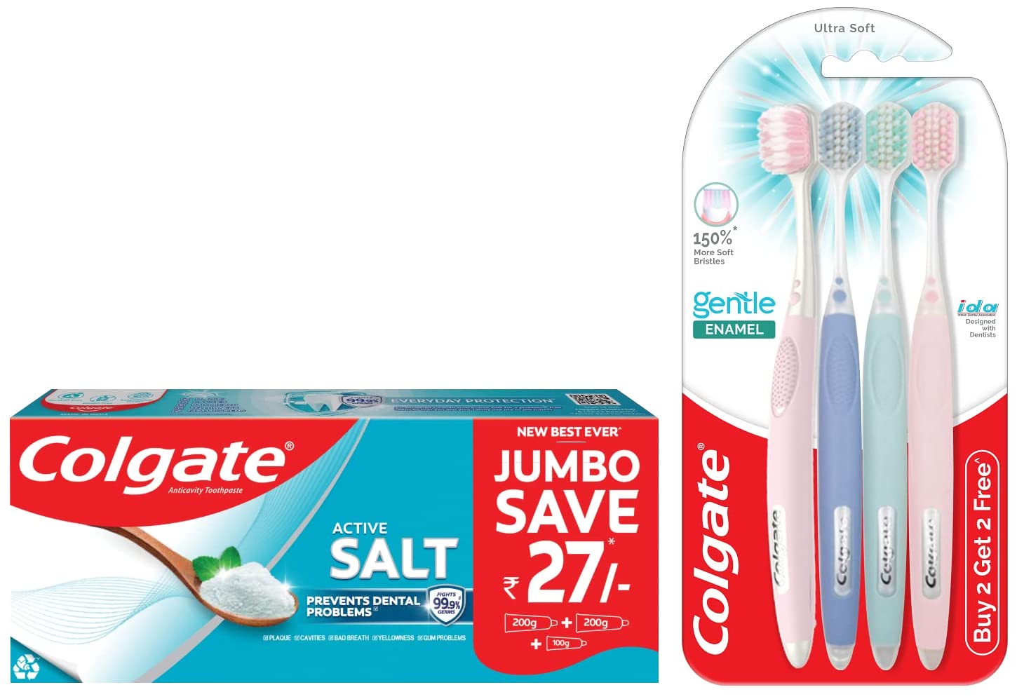 Colgate toothpaste tubes and gentle enamel manual toothbrush multicolor pack
