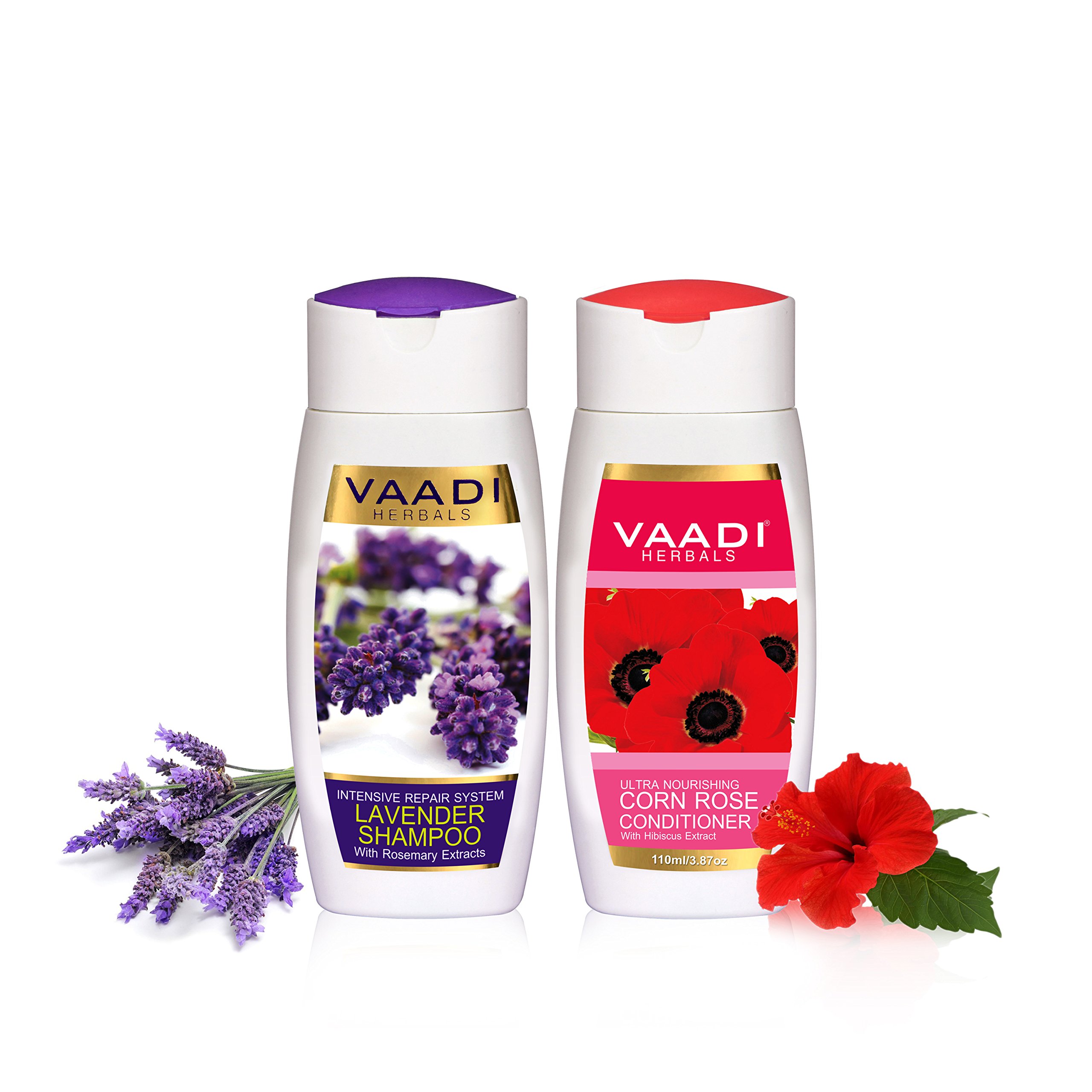 Twin bottles of lavender shampoo with corn rose conditioner