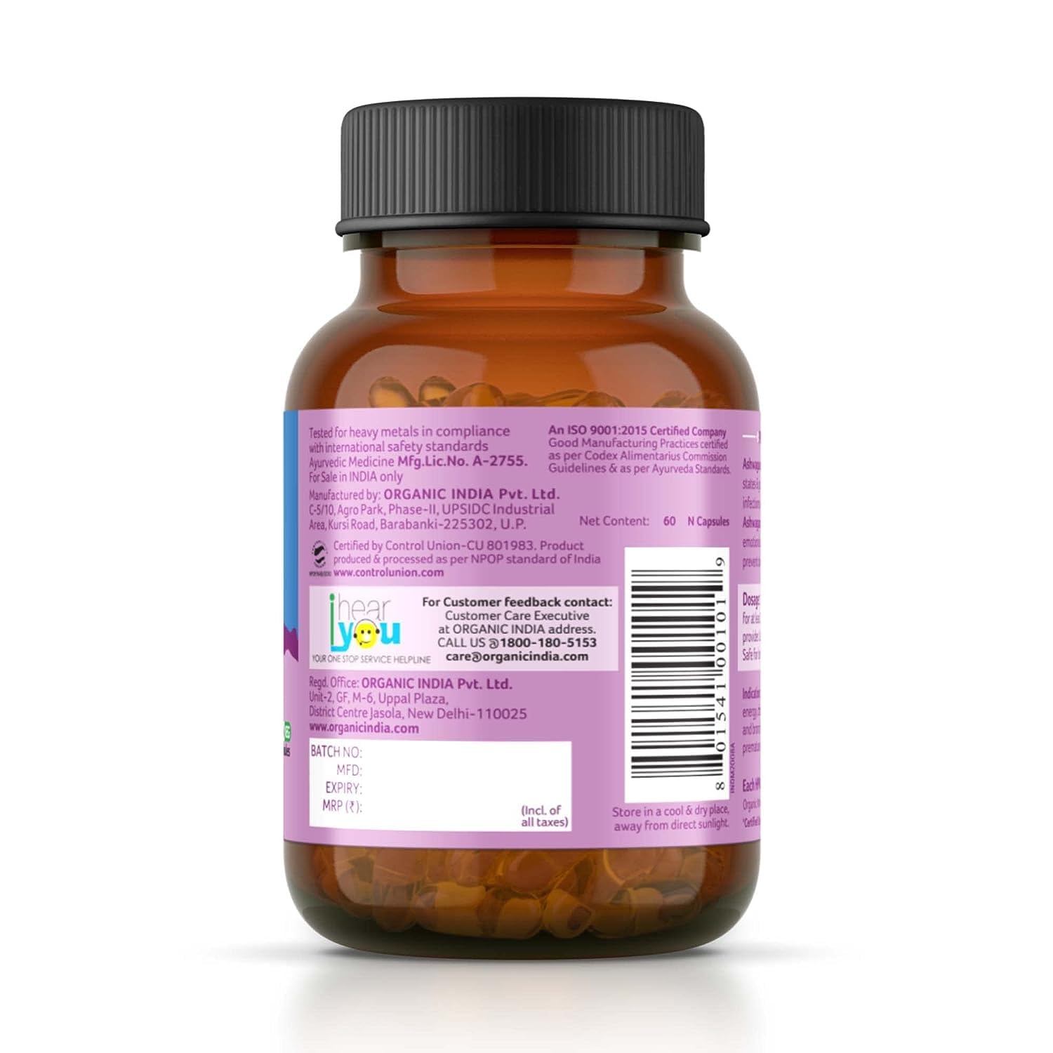 ORGANIC INDIA - A TATA Product - Pure Ashwagandha Root Capsules (Pack of 2)- 60 Veg Caps (400mg) Each, For Vitality & Relieves Stress, Naturally Boosts Energy & Stamina, GMP & NPOP Certified – view 2