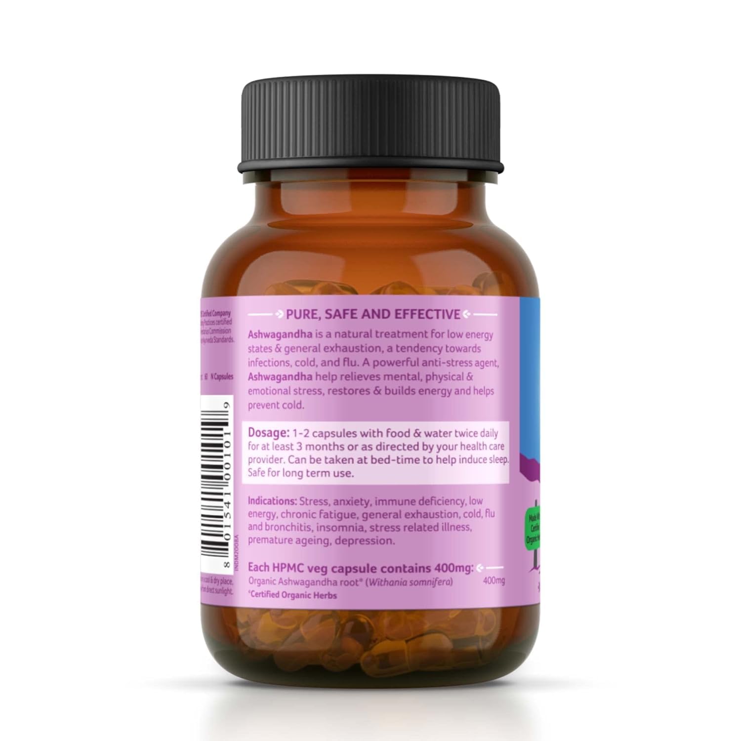 ORGANIC INDIA - A TATA Product - Pure Ashwagandha Root Capsules (Pack of 2)- 60 Veg Caps (400mg) Each, For Vitality & Relieves Stress, Naturally Boosts Energy & Stamina, GMP & NPOP Certified – view 3