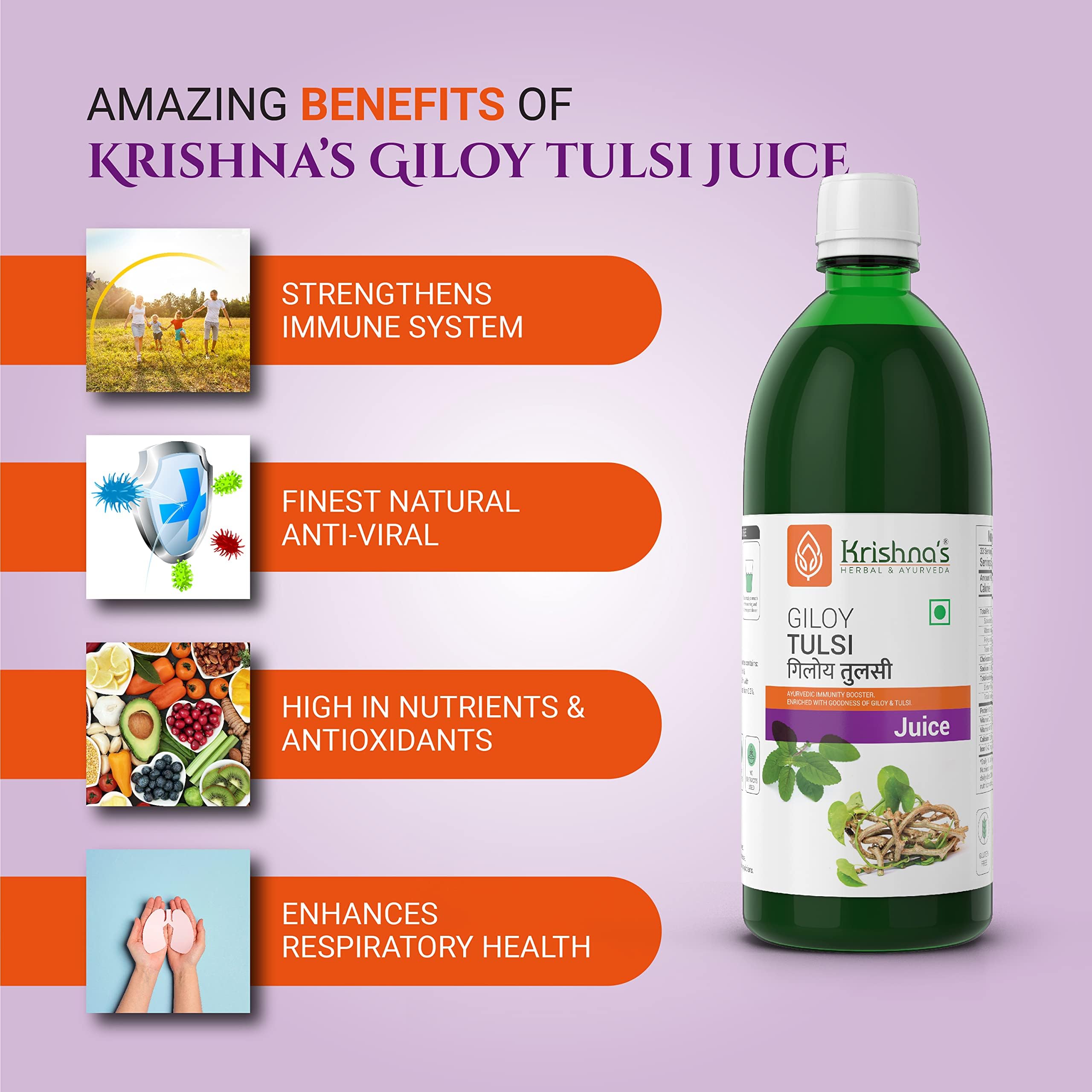 Krishna's Giloy Tulsi Juice, Enriched With Goodness of Giloy & Tulsi, No Artificial Colors or Flavours & Gluten Free - 1000 ml (Pack of 1) – view 3