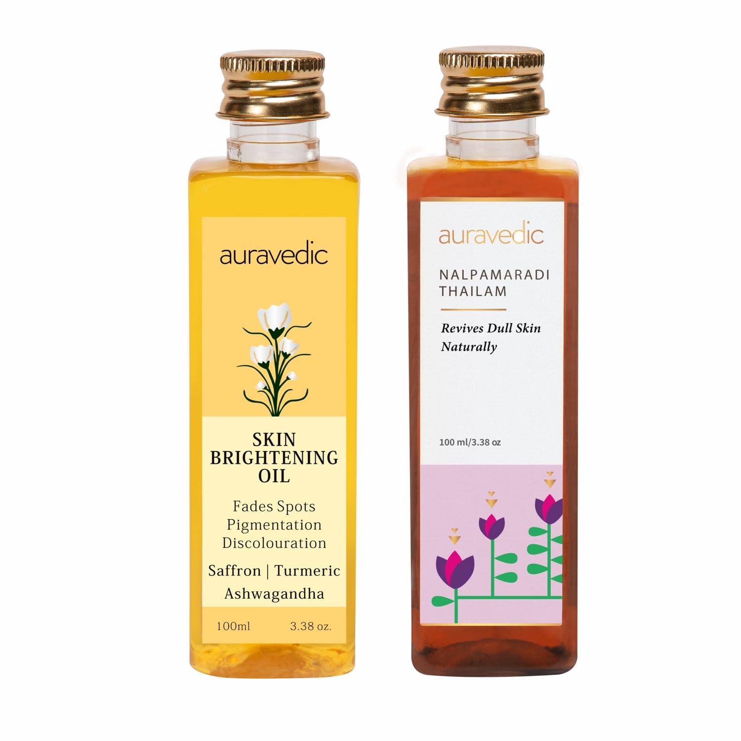 Auravedic Nalpamaradi thailam face oil bottle with saffron scent