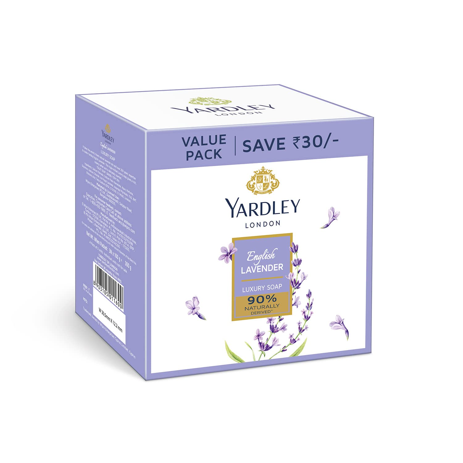 Pack of three Yardley lavender soap bars in box