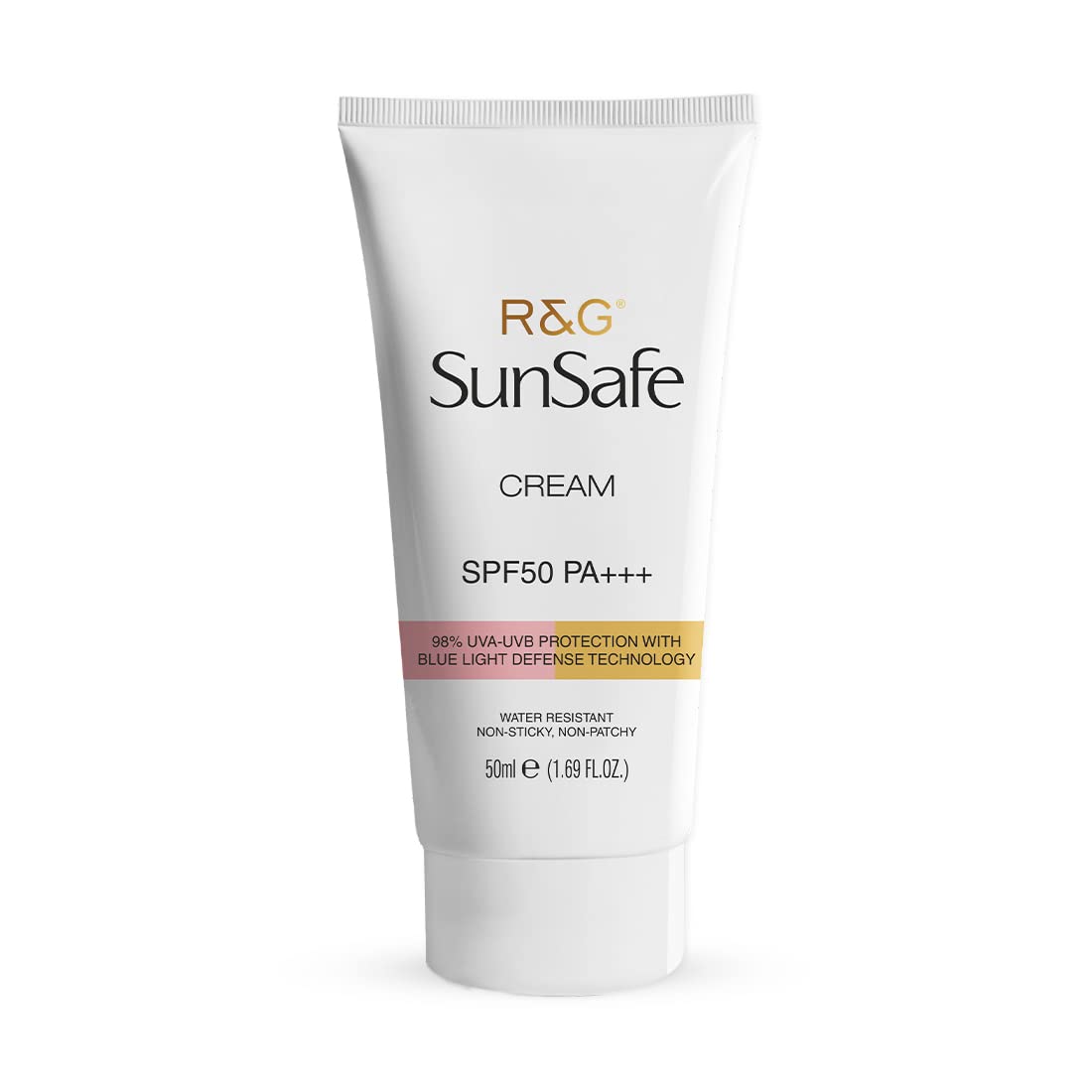 Front view of VASU R&G SunSafe SPF 50 sunscreen tube