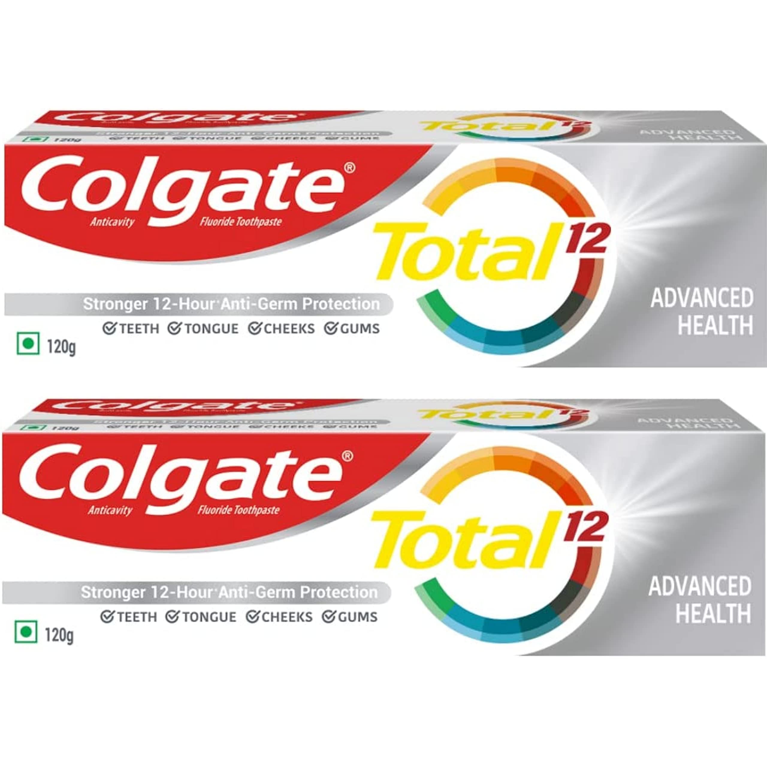 Two 120 g tubes of Colgate Total 12 whole mouth toothpaste