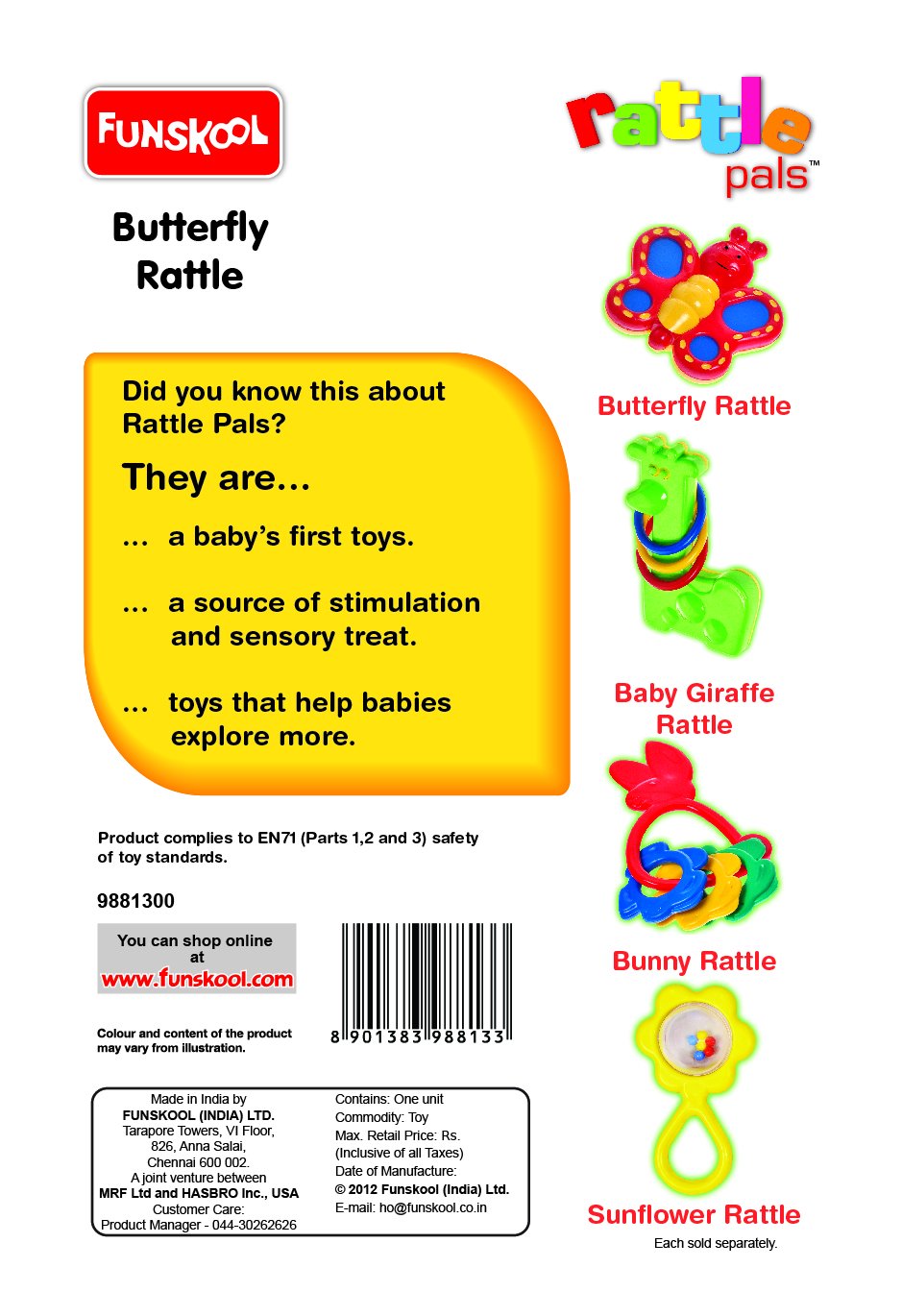 Funskool Giggles, Butterfly Rattle, Colourful Smilling Butterfly, Delightful rattling sound, 6 months and above – view 3