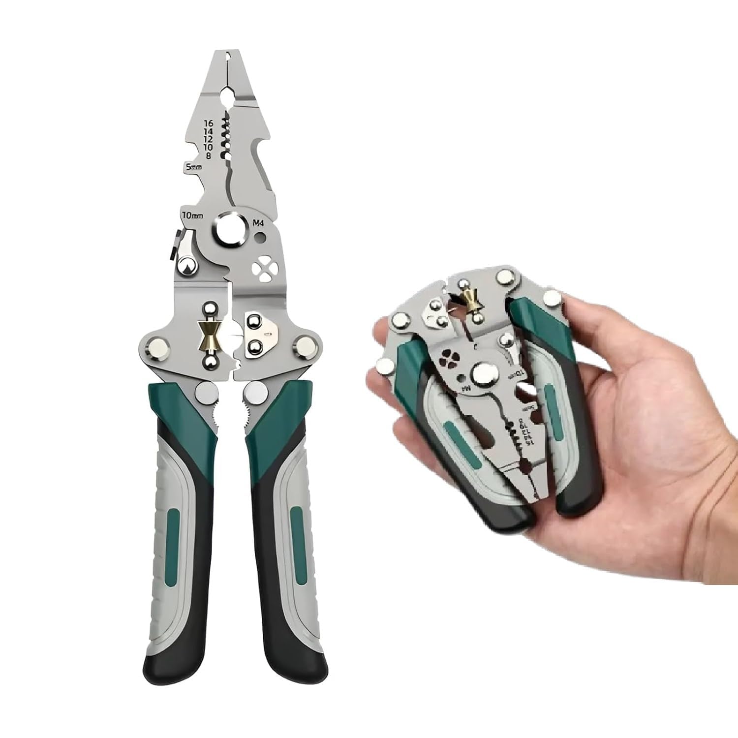Foldable 9-in-1 wire stripper cutter and crimper with rubber grip