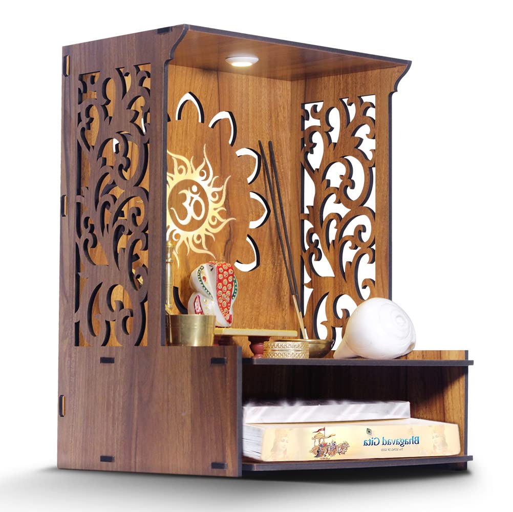 Heartily Roli Beautiful Wooden Pooja Mandir for Home and Office, Wall Mounted Temple with LED Spot Light, Size (H- 15.5, L- 11.5, W-11 in)