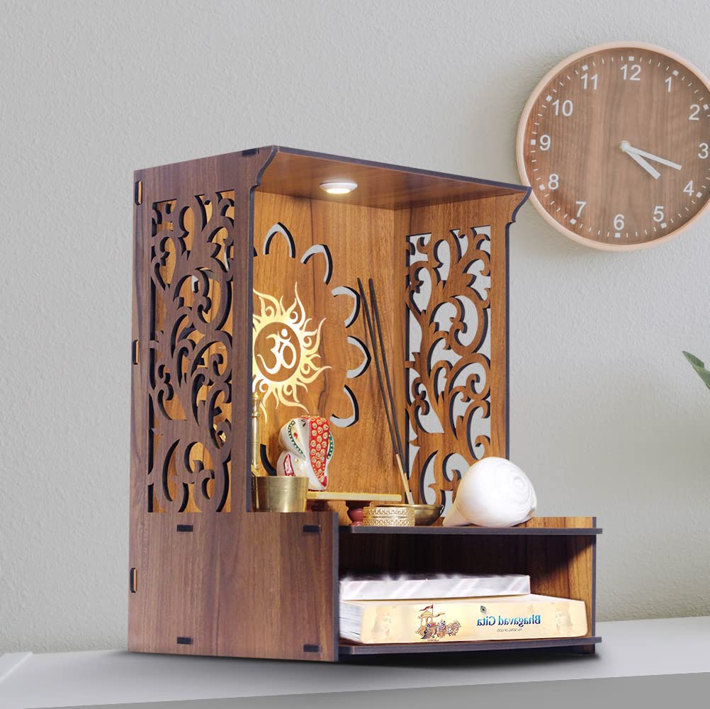 Heartily Roli Beautiful Wooden Pooja Mandir for Home and Office, Wall Mounted Temple with LED Spot Light, Size (H- 15.5, L- 11.5, W-11 in) – view 6