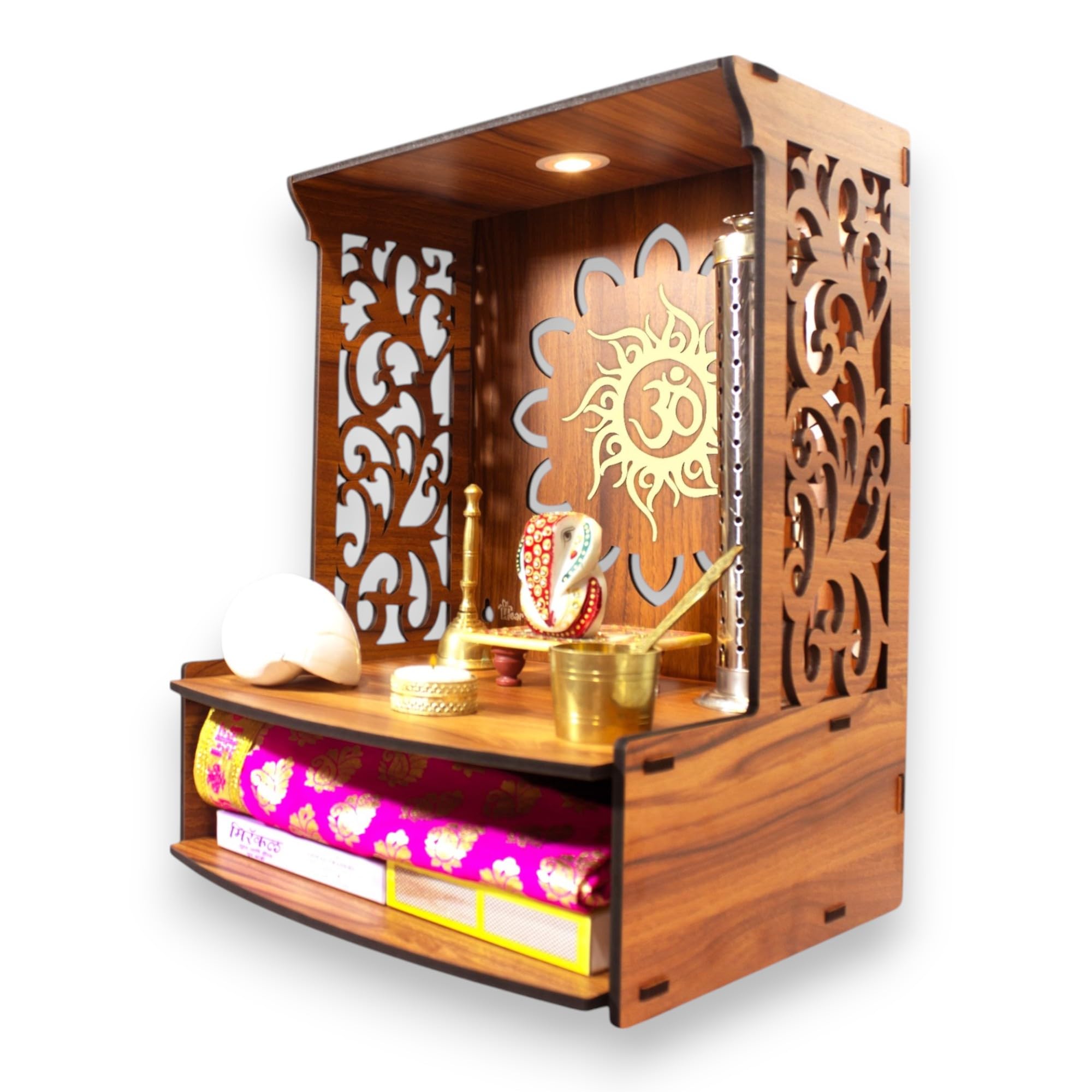 Heartily Roli Beautiful Wooden Pooja Mandir for Home and Office, Wall Mounted Temple with LED Spot Light, Size (H- 15.5, L- 11.5, W-11 in) – view 7