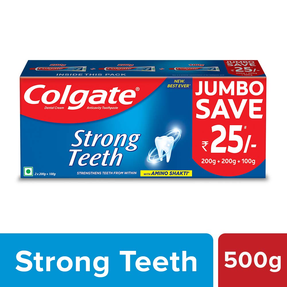 Colgate Strong Teeth Anticavity Toothpaste with Amino Shakti - 500gm Saver Pack with Colgate Gentle Enamel Ultra Soft Toothbrush - 4 Pcs (Buy 2 Get 2 Free) – view 3